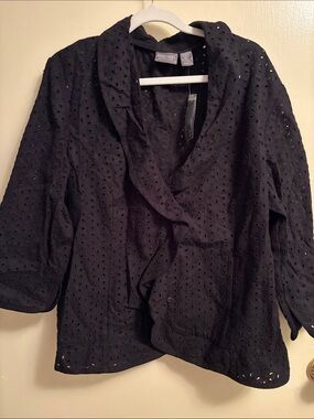 Chico's Black Eyelet Open Front Jacket with Ruffle Collar